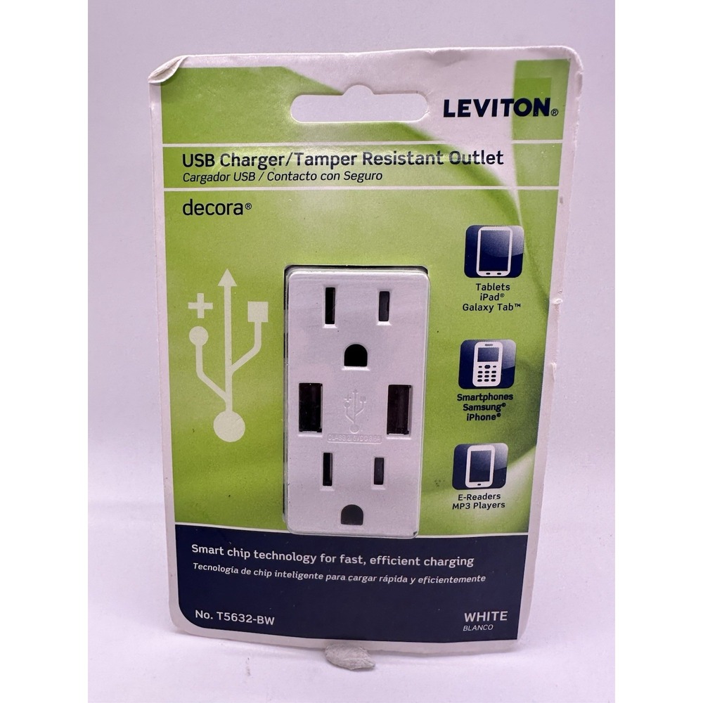 Leviton‎ T5632-W 3.6A USB-A Wall Outlet Charger with 15A Tamper-Resistant...